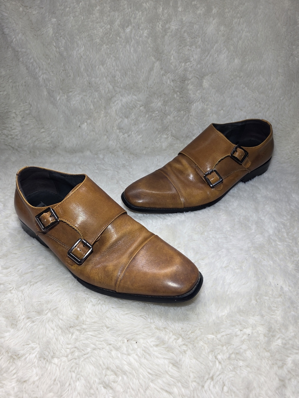 Browns Men's Leather Double Monk Strap Dress Shoes Loafers Cognac Brown Sz 9